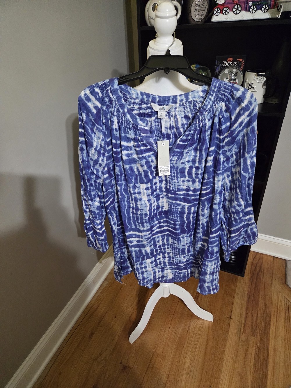 croft & barrow Blue and White Tie-Dye Peasant Blouse